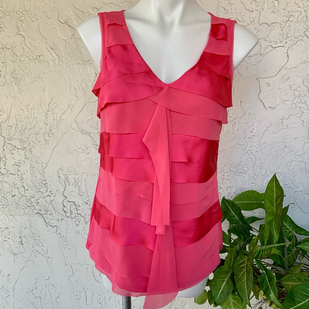 Hot Pink Satiny V-Neck Sleeveless Upscale Top w/Comfy T-shirt Stretchy Back
